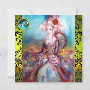 INVITACIÓN SEÑORA POMPADOUR, DAMASCO AMARILLO NEGRO MONOGRAMA