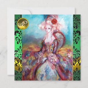 INVITACIÓN SEÑORA POMPADOUR, DAMASCO NEGRO VERDE MONOGRAMA