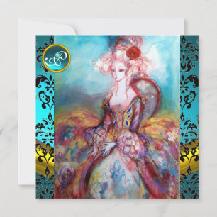 INVITACIÓN SEÑORA POMPADOUR, MONOGRAMA DE FLOR DE DAMASCO AZU