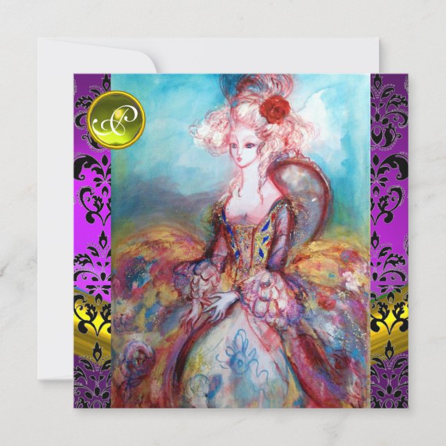 INVITACIÓN SEÑORA POMPADOUR PÚRPURA NEGRO DAMASCO MONOGRAMA (Anverso)