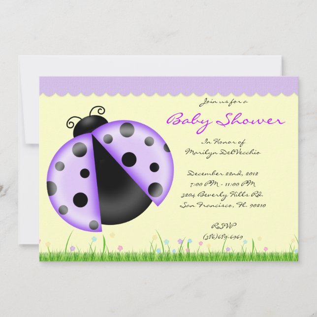 Invitación Señora púrpura dulce LINDA Bug Baby Shower (Anverso)