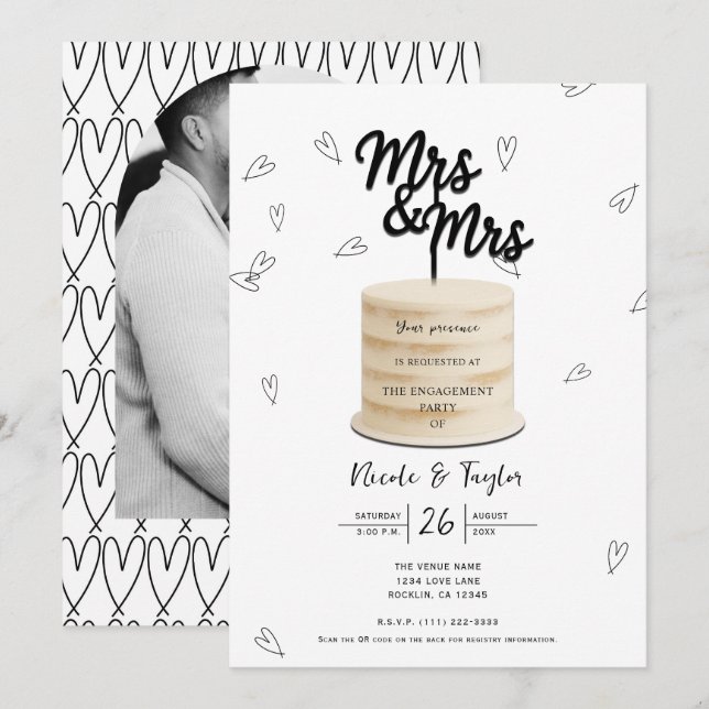 Invitación Señora & Señora Torta & Corazones Blanco Negro Com (Anverso / Reverso)