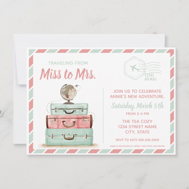 Invitación Señorita a la Sra. Viajes, ducha de novia, menta c (Anverso)