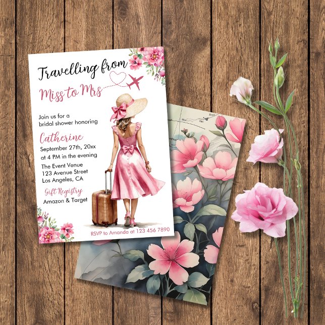 Invitación Señorita a Señora Viaje Vestido Rosa Lazo Despedid (Flat lay love is a journey travel map bridal shower travelling from miss to mrs invitation card)