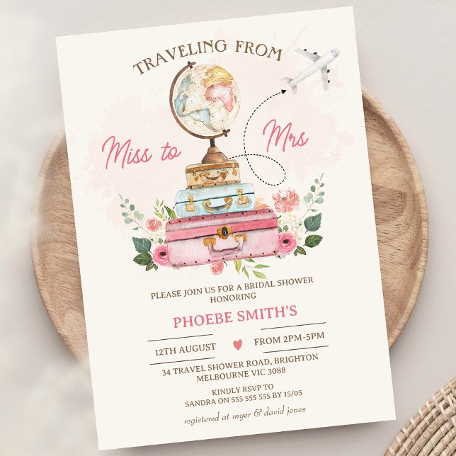 Invitación Señorita Floral A La Sra. Viaje Temática Ducha Bri (Travel Themed Bridal Shower Invitation Traveling From Miss to Mrs Bridal Shower Invite World Globe)