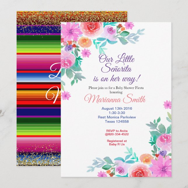 Invitación Senorita Floral Fiesta Baby Shower Gold Chica (Anverso / Reverso)