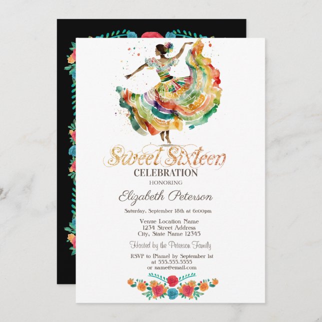 Invitación Senorita mexicana Fiesta Flores Dulce negro 16 (Anverso / Reverso)