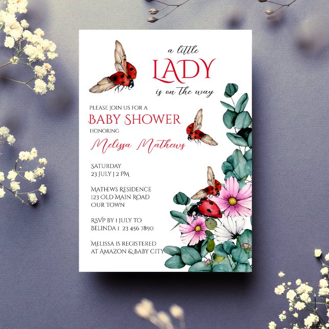 Invitación Señorita, pequeña dama, bebé, ducha (Lady bug little lady spring summer girls baby shower invitation editable template instant download)