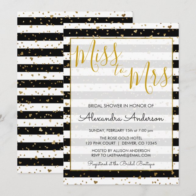 Invitación Señorita Relieve metalizado dorado blanco y negro  (Anverso / Reverso)