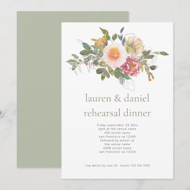 Invitación Sensación floral simple Boda verde ensayo Cena (Anverso / Reverso)