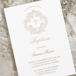 Invitación sepia beige elegante escudo | Bautismo