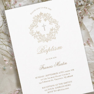 Invitación sepia beige elegante escudo   Bautismo