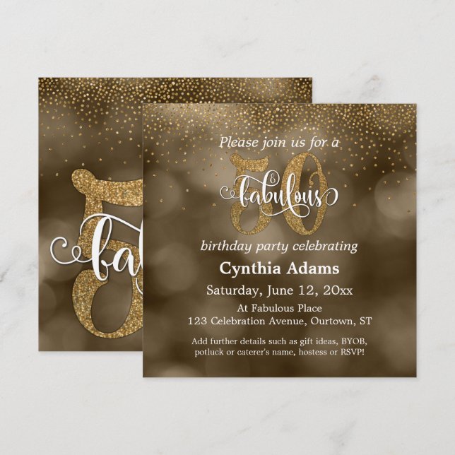 Invitación Sepia Bokeh, Purpurina de oro y guión 50 y fabulos (Anverso / Reverso)