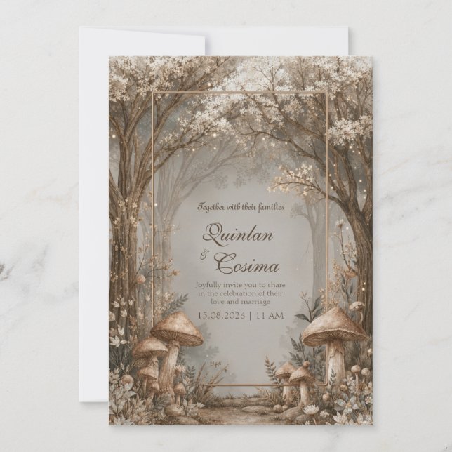 Invitación Sepia Bronze Mushroom Enchanted Forest Wedding (Anverso)