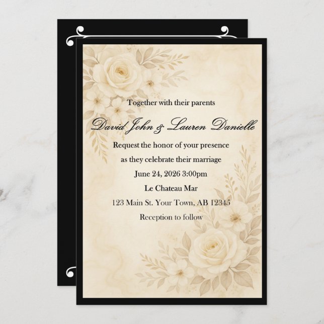 Invitación Sepia Floral Elegante (Anverso / Reverso)