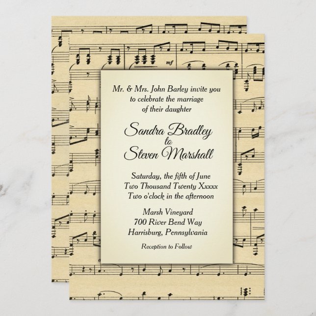 Invitación Sepia Tone Boda de música de chapa antigua (Anverso / Reverso)