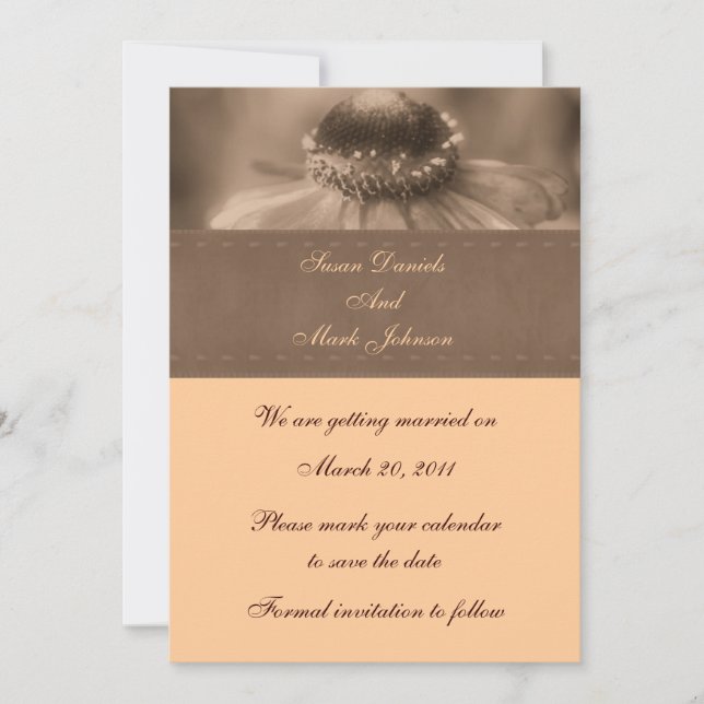 Invitación Sepia Zinnia Flower Wedding Salva La Fecha (Anverso)