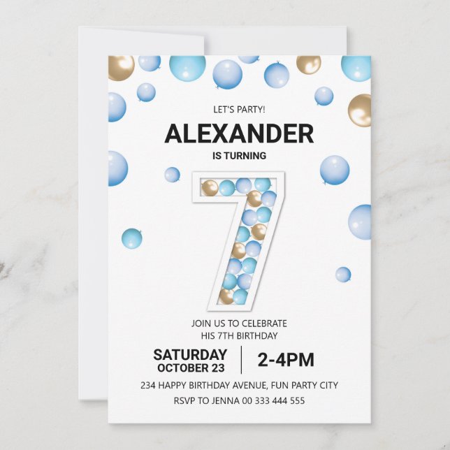 Invitación Séptima fiesta de cumpleaños, niño con globo azul  (Anverso)