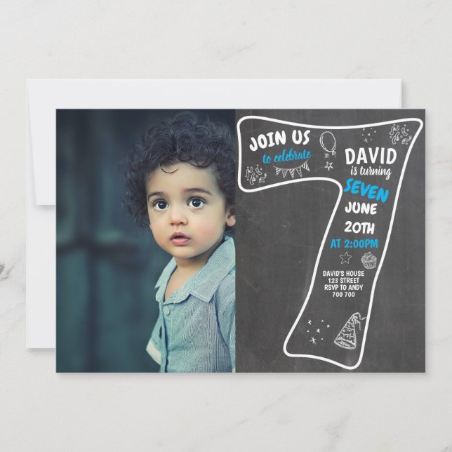 Invitación Séptimo cartón de cumpleaños con foto número azul (Anverso)