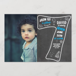 Invitación Séptimo cartón de cumpleaños con foto número azul