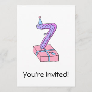 Invitación Séptimo cumpleaños Personalizado rosa y morado.