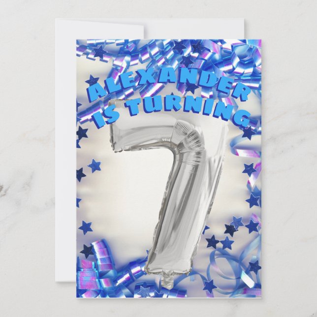 Invitación Séptimo cumpleaños Silver y Blue Age 7 niños Fiest (Anverso)