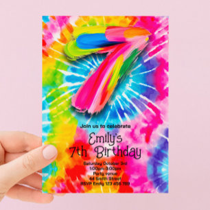 Invitación Séptimo cumpleaños Tie Dye