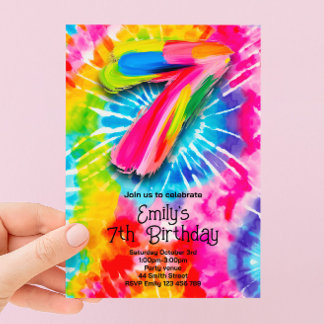 Invitación Séptimo cumpleaños Tie Dye