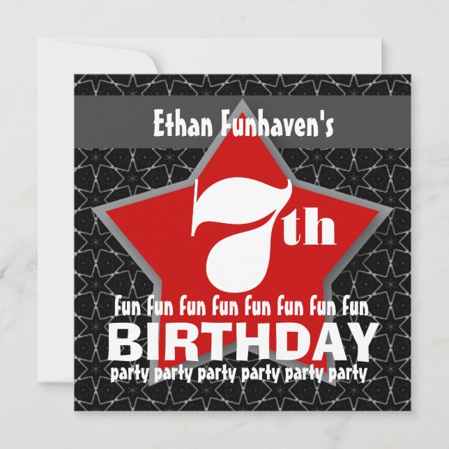 Invitación Séptimo partido de cumpleaños Black Red White STAR (Anverso)