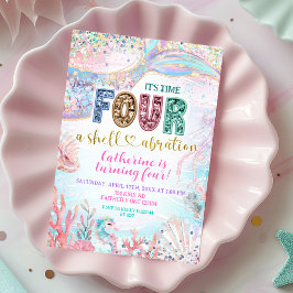 Invitación sequin glitter Four Shellebarate Girl birthday inv