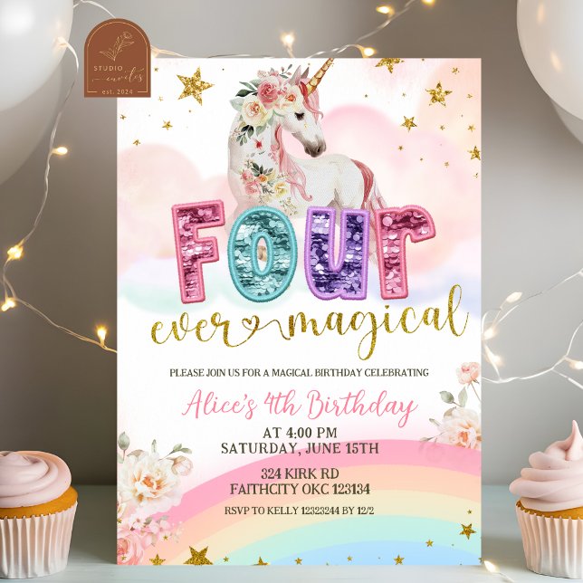 Invitación Sequin glitter Magical Unicorn 4th birthday (Subido por el creador)