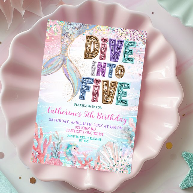 Invitación Sequin Glitters Dive into five mermaid bash Birthd (Subido por el creador)