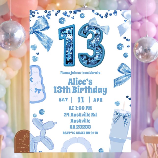Invitación Sequins Blue Bow 13 aesthetic teenager birthday (Subido por el creador)