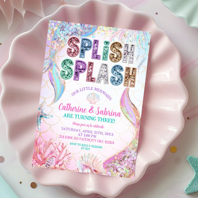 Invitación  Sequins Glitters Mermaids Sibling Twins Birthday  (Subido por el creador)