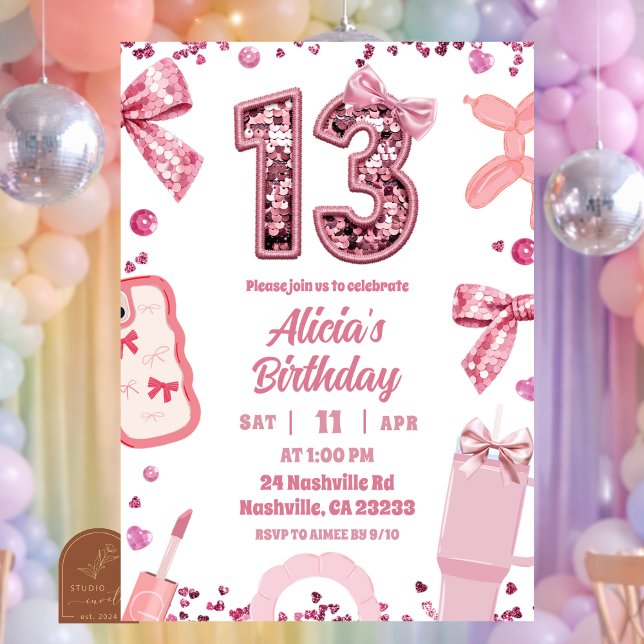 Invitación Sequins Pink Bow teenager Birthday (Subido por el creador)