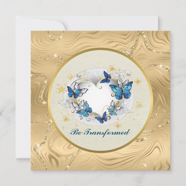 Invitación Ser Citado Transformado Corazón y Mariposas Azules (Anverso)