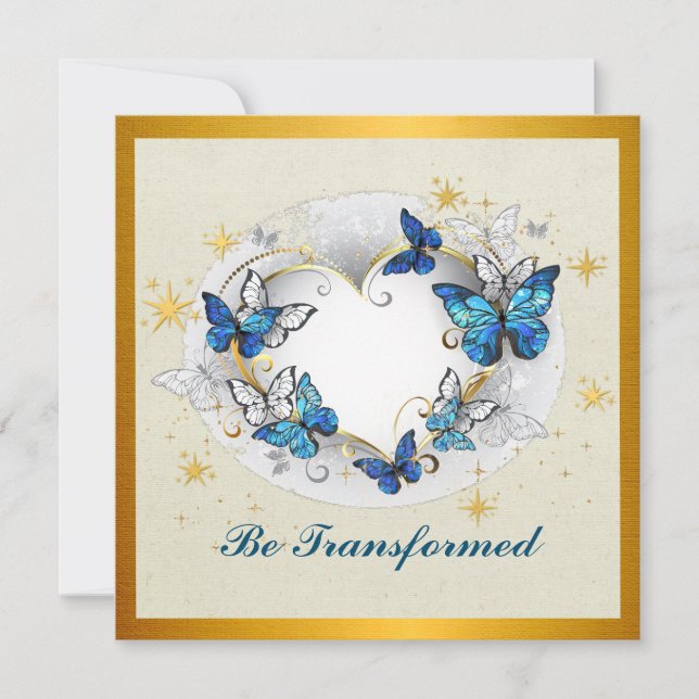 Invitación Ser Citado Transformado Corazón y Mariposas Azules (Anverso)