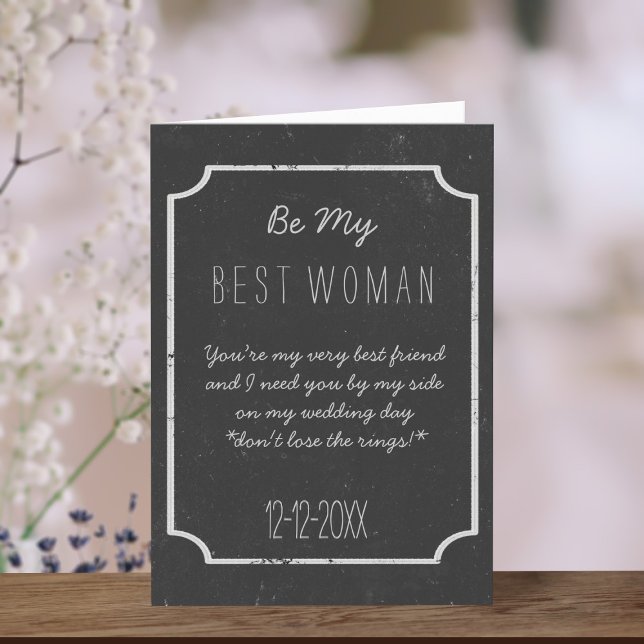 Invitación Ser mi mejor carta de propuestas para mujeres (You can add your own proposal message to this chalkboard style Be My Best Woman Card)