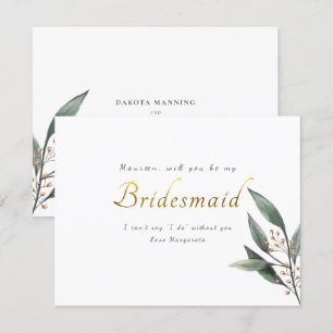 Invitación Ser mi novia eucalipto guión dorado de hojas de or