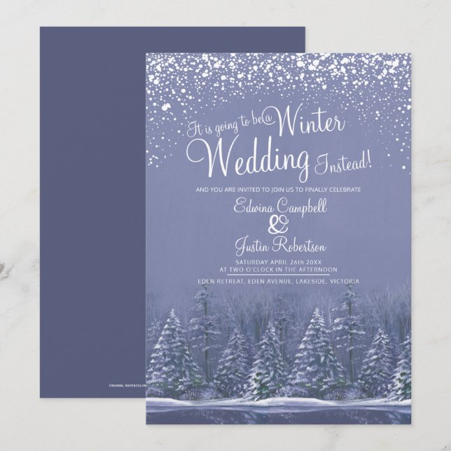 Invitación Será una boda de invierno lago de nieve azul (Anverso / Reverso)