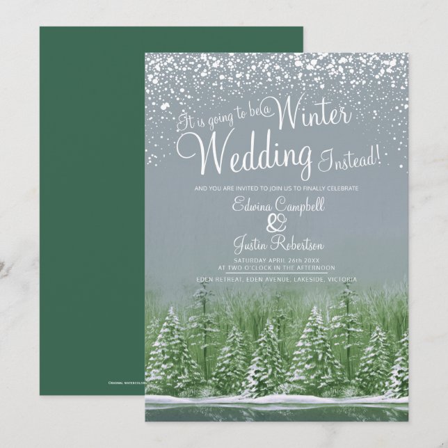 Invitación Será una boda de invierno lago de nieve gris verde (Anverso / Reverso)