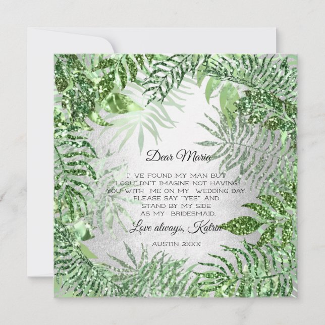 Invitación ¿Serás la dama de honor Purpurina tropical Mint Si (Anverso)