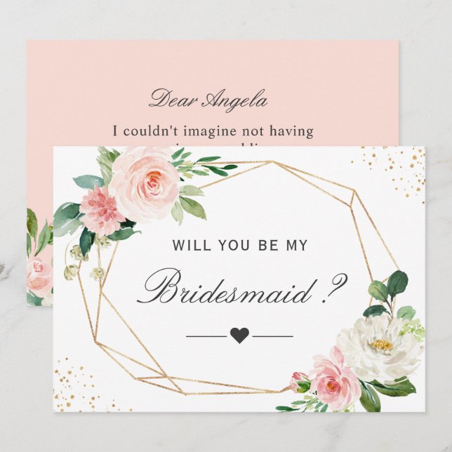 Invitación ¿Serás Mi Bridesmaid Geométrico Rubor Floral (Anverso / Reverso)