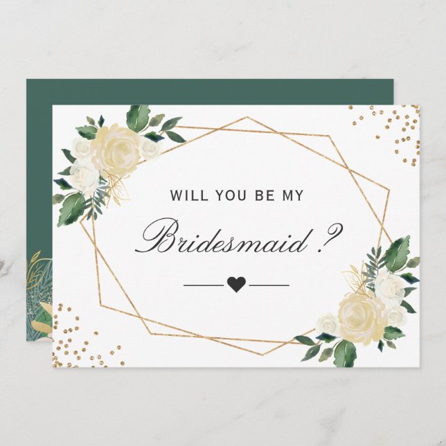 Invitación ¿Serás Mi Bridesmaid Greenerenery Gold Floral (Anverso / Reverso)