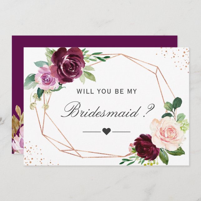 Invitación ¿Serás Mi Bridesmaid Plum Purple Floral (Anverso / Reverso)