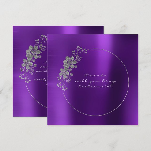 Invitación ¿Serás Mi Bridesmaid Silver Purple Metallic (Anverso / Reverso)