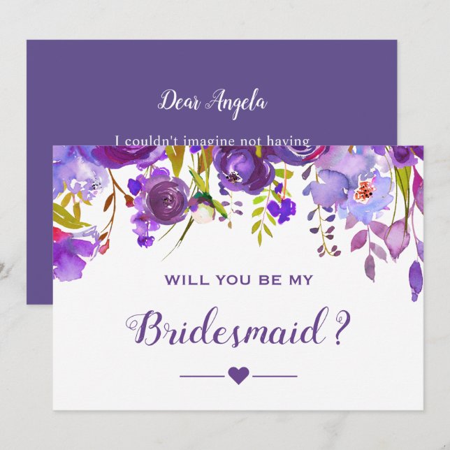 Invitación ¿Serás Mi Bridesmaid Violet Purple Floral (Anverso / Reverso)