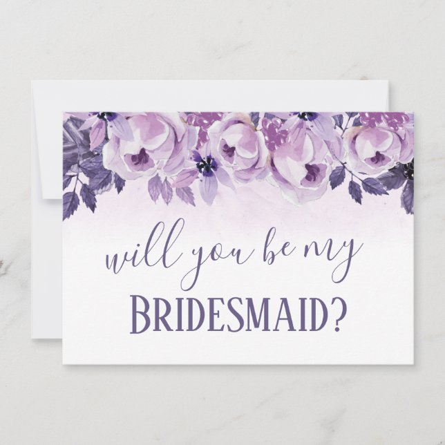 Invitación Serás mi Bridesmaid Watercolor Púrpura Floral (Anverso)