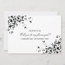 Invitación ¿Serás Mi Chica Flor? Swirls en blanco y negro