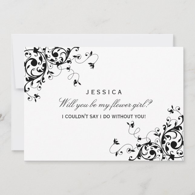 Invitación ¿Serás Mi Chica Flor? Swirls en blanco y negro (Anverso)